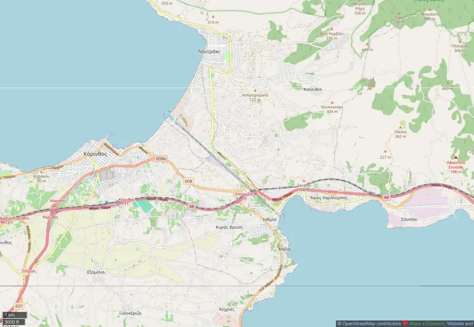 OpenStreetMap view of Loutraki, Korinthos and Isthmia either side of the Corinth Canal