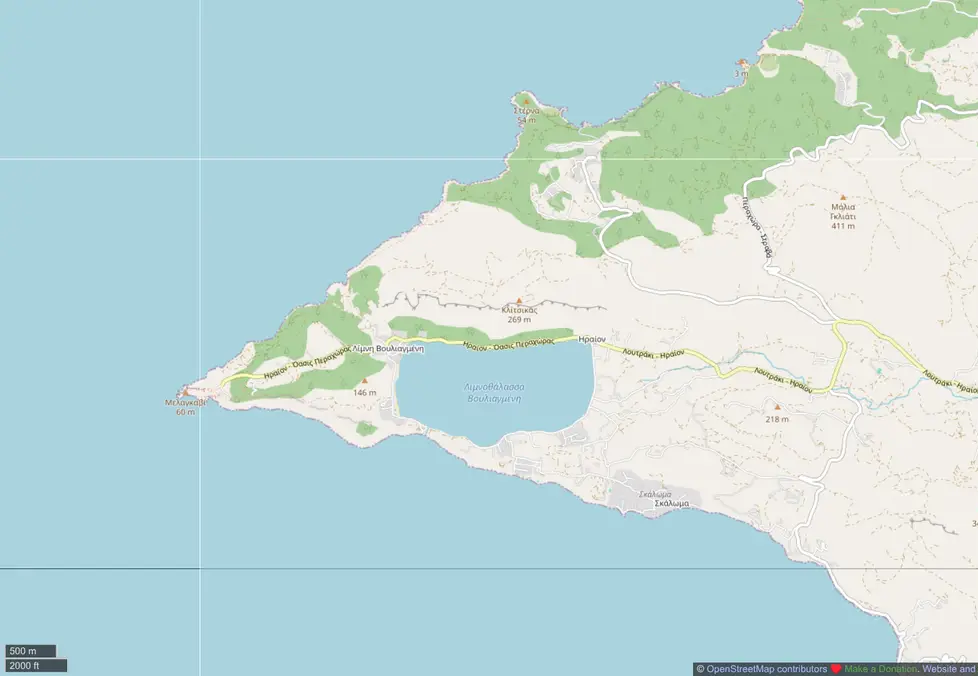 OpenStreetMap view of the Perachora peninsula with Lake Vouliagmeni, the Heraion and Melagavi